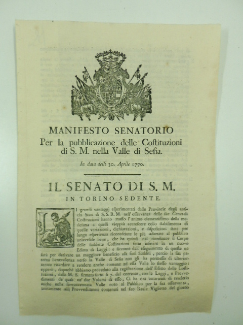 Manifesto senatorio per la pubblicazione delle costituzioni di S. M. nella valle di Sesia. In data delli 30 Aprile 1770